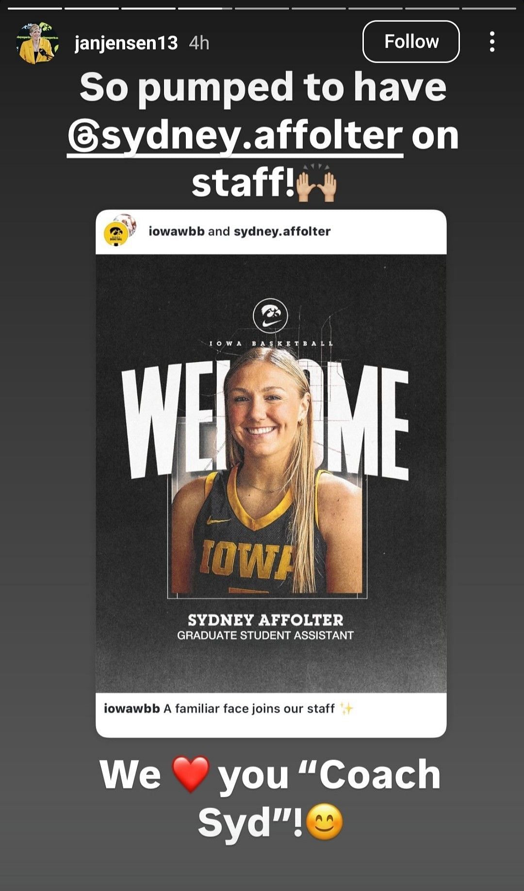 Jan Jensen reacts to Sydney Affolter joining Iowa in a new role